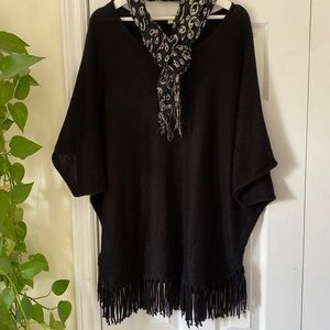 NY long fringed pullover sleeved cape black boho festival hippie fringe